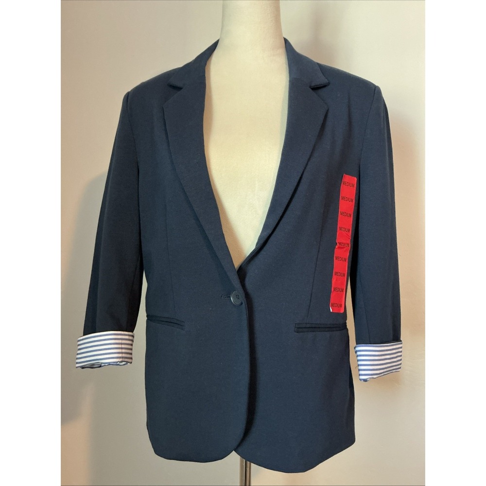Nicole Miller ORIGINAL One Button‎ Womens Navy Blue Knit Office Blazer Sz M
